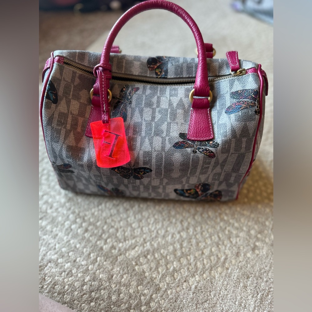 Furla brand authentic barrel handbag with dragonfly  print